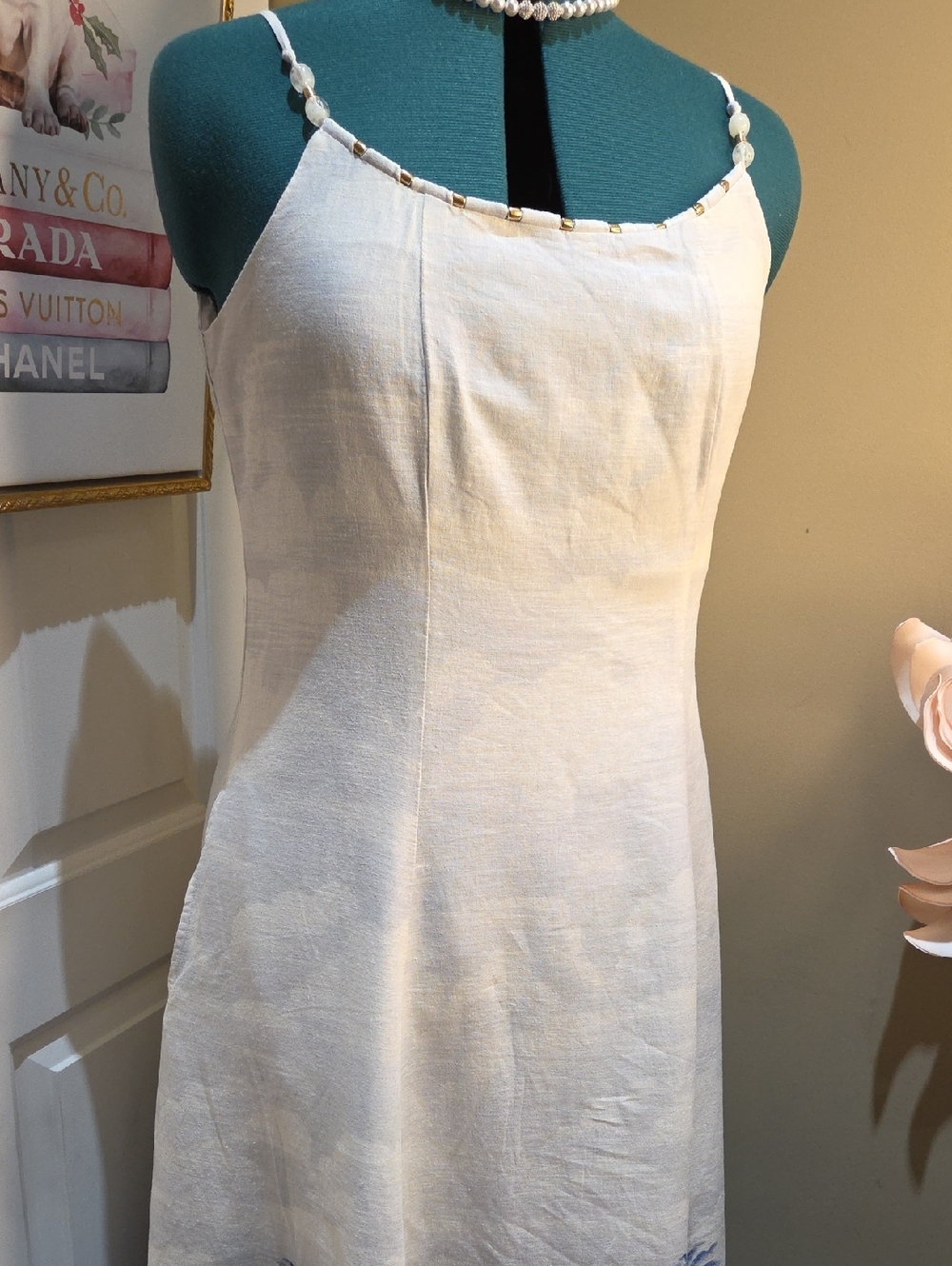 Nwt 8 & 6 & 4 Rachel Zoe White Linen Maxi Dress with Blue Scenic Hem - Picture 3 of 16